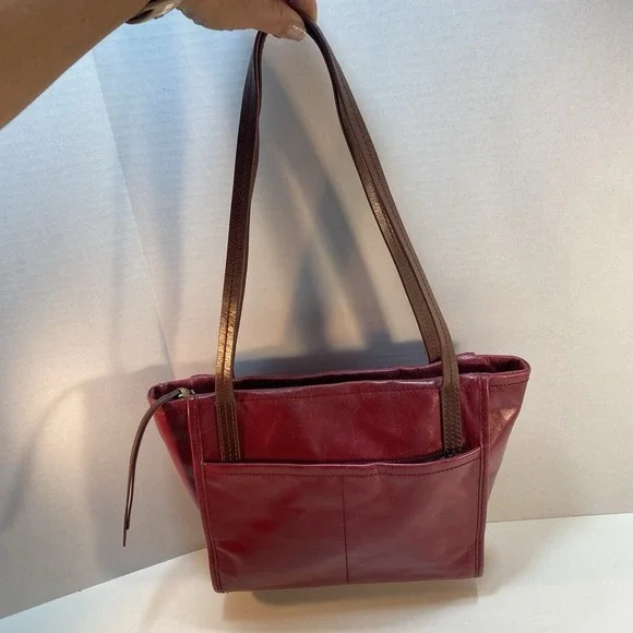 Hobo Red Leather Brown Straps Shoulder Bag Purse Tote Zip Closure - Picture 1 of 16